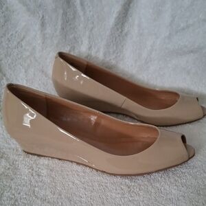 Talbots Beige Patent Peep-Toe Wedges